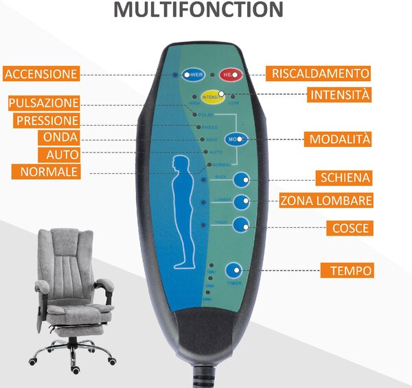 Icon Space Sedia da Ufficio con Ruote e Braccioli Reclinabile con Poggiapiedi e Poggiatesta Schienale Massaggiante colore Grigio