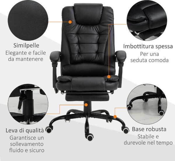 Icon Space Sedia da Ufficio con Ruote e Braccioli Reclinabile con Poggiapiedi e Poggiatesta Schienale Massaggiante colore Nero