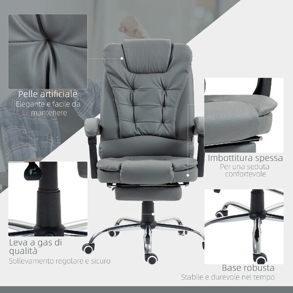 Icon Space Sedia da Ufficio Ergonomica Reclinabile a 145 con Poggiapiedi Estraibile in Finta Pelle colore Grigio