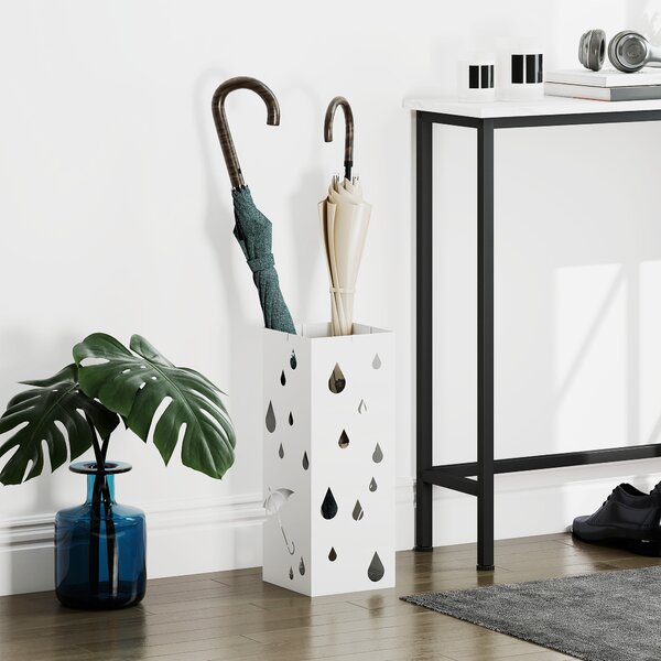 HOMCOM Portaombrelli in Metallo con 4 Ganci e Vaschetta Raccogligocce, 15.5x15.5x41cm, Bianco