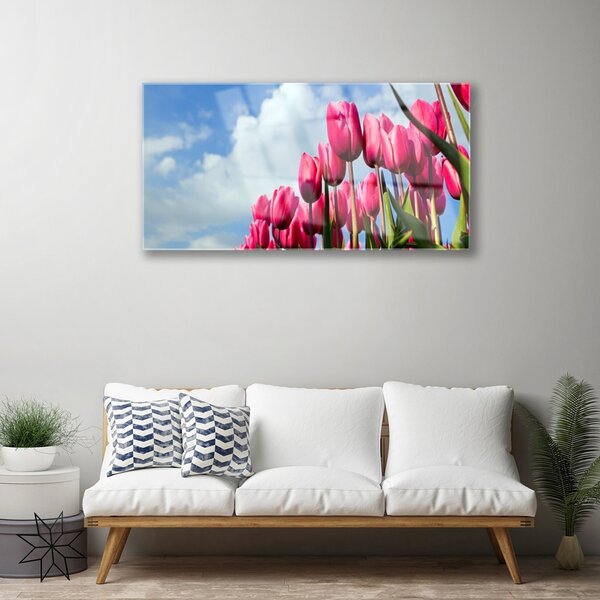 Quadro in vetro Muro di tulipani 100x50 cm 2 appendini