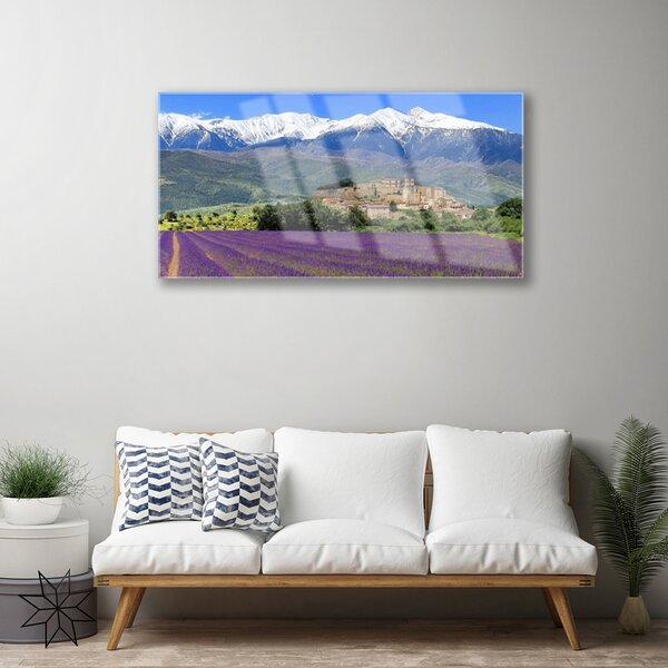 Quadro su vetro Prato Fiori Paesaggio di montagna 100x50 cm 2 appendini