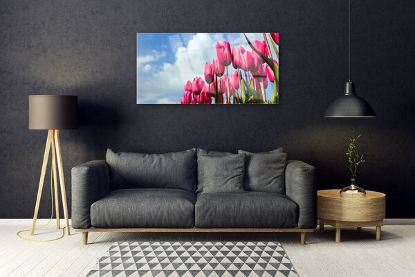 Quadro in vetro Muro di tulipani 100x50 cm 2 appendini