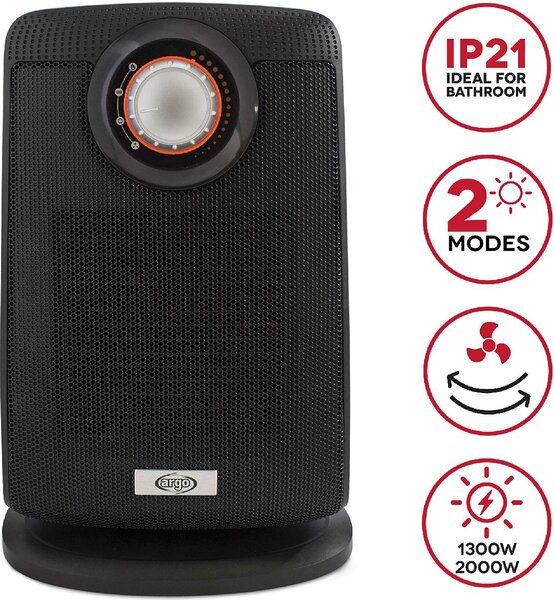 Argo Termoventilatore Ceramico Stufa elettrica Caldobagno Potenza 2000 Watt Oscillante con Termostato colore Nero - BEAT