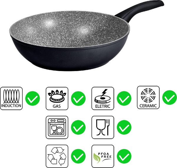 Aeternum Wok Padella Antiaderente Induzione in Alluminio Saltapasta 26 cm Rivestimento interno Petravera Plus Black Pearl Induction