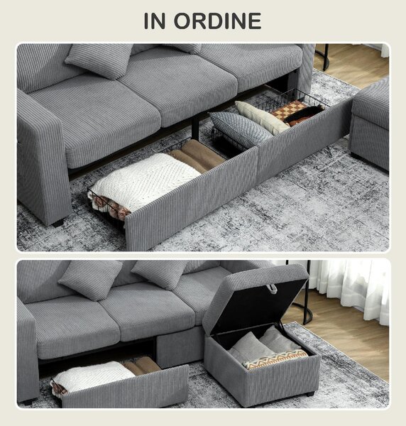 DecHome Divano 3 Posti Moderno con Penisola Contenitore in Tessuto Velluto Dimensioni 196x139x85 cm colore Grigio Chiaro