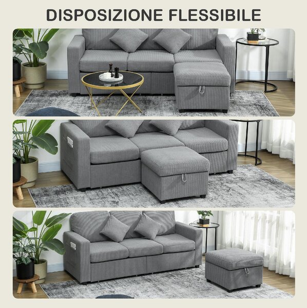 DecHome Divano 3 Posti Moderno con Penisola Contenitore in Tessuto Velluto Dimensioni 196x139x85 cm colore Grigio Chiaro