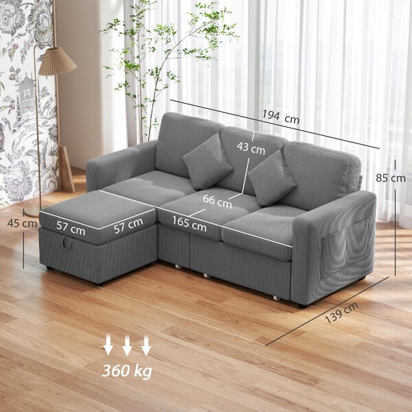 DecHome Divano 3 Posti Moderno con Penisola Contenitore in Tessuto Velluto Dimensioni 196x139x85 cm colore Grigio Chiaro