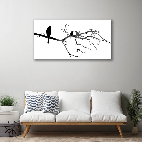 Quadro vetro Uccelli Ramo Arte Natura 100x50 cm 2 appendini