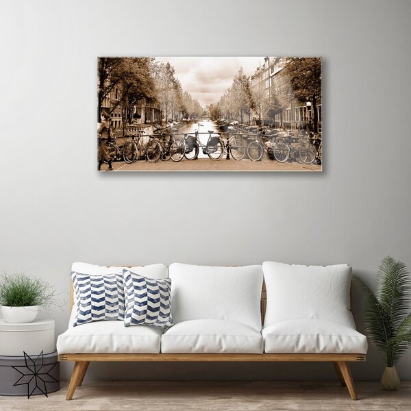 Quadro su vetro Fiume Bici Alberi Paesaggio 100x50 cm 2 appendini