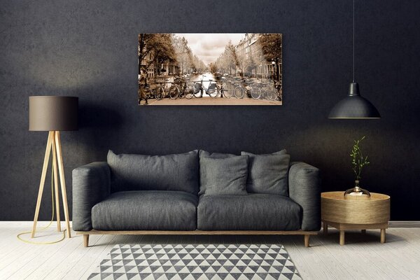 Quadro su vetro Fiume Bici Alberi Paesaggio 100x50 cm 2 appendini