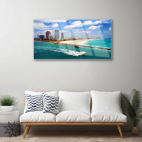 Quadro in vetro Paesaggio della città di Sea Beach 100x50 cm 2 appendini