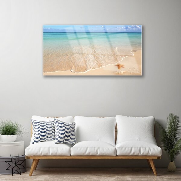 Quadro di vetro Paesaggio di spiaggia con stelle marine 100x50 cm 2 appendini