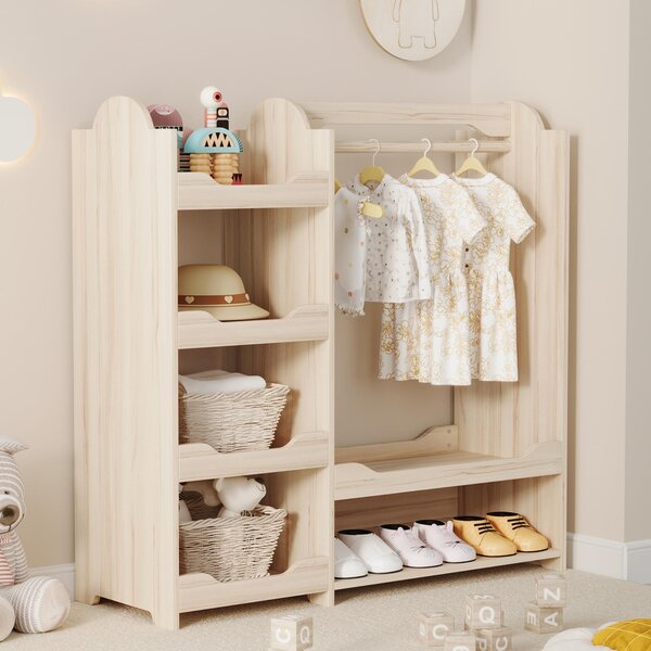 MODFU, armadio per bambini, con 4 ripiani e appendiabiti, porta abiti autoportante con panchina, dimensioni 110x39x110 cm, colore naturale
