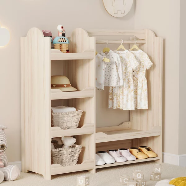 MODFU, armadio per bambini, con 4 ripiani e appendiabiti, porta abiti autoportante con panchina, dimensioni 110x39x110 cm, colore naturale