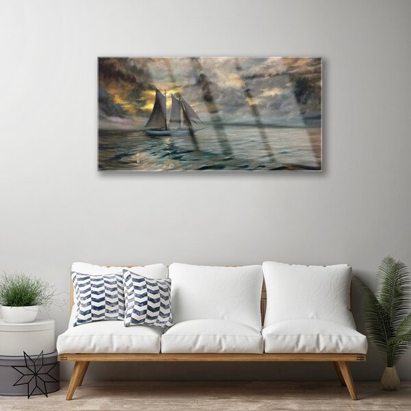 Quadro di vetro Paesaggio di barche da mare 100x50 cm 2 appendini