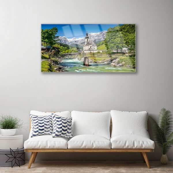 Quadro vetro Lago Church Bridge Natura 100x50 cm 2 appendini