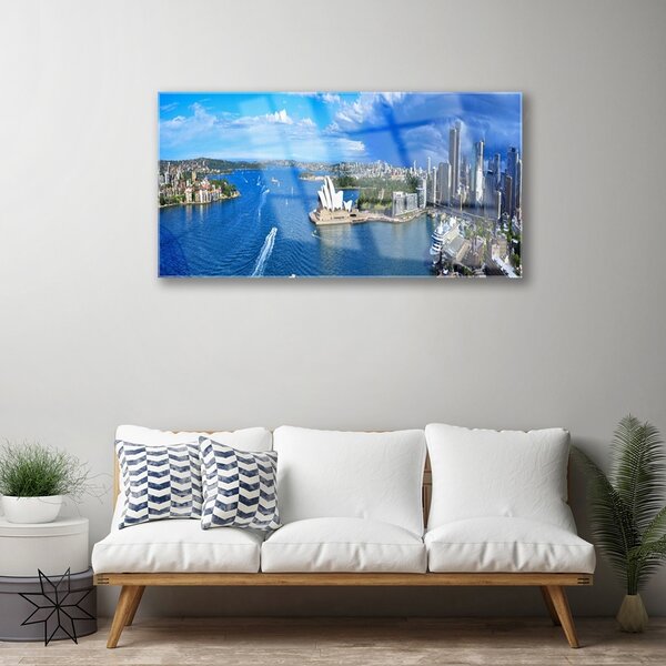 Quadro in vetro Case della città del mare 100x50 cm 2 appendini