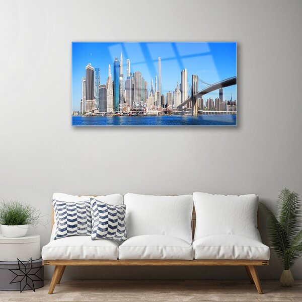 Quadro su vetro Architettura della città del ponte 100x50 cm 2 appendini