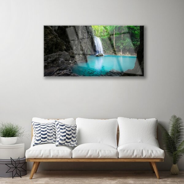 Quadro in vetro Lago Cascata Natura 100x50 cm 2 appendini