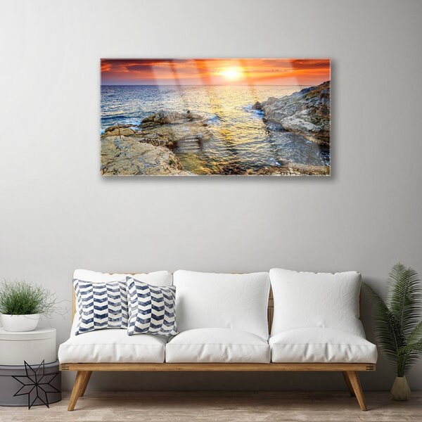 Quadro su vetro Paesaggio del sole del mare 100x50 cm 2 appendini