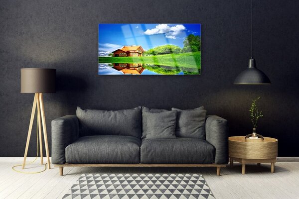 Quadro di vetro Casa Lago Erba Natura 100x50 cm 2 appendini
