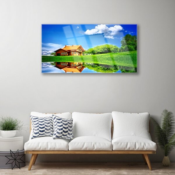 Quadro di vetro Casa Lago Erba Natura 100x50 cm 2 appendini