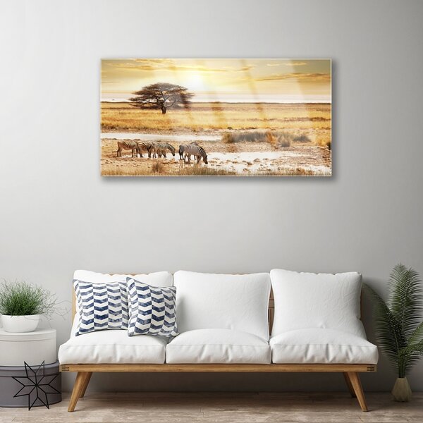 Quadro su vetro Paesaggio safari con zebre 100x50 cm 2 appendini