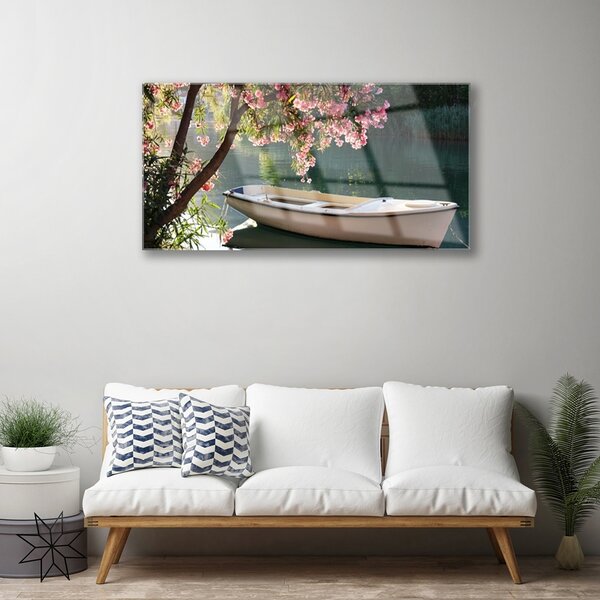 Quadro di vetro Barca Albero Paesaggio 100x50 cm 2 appendini