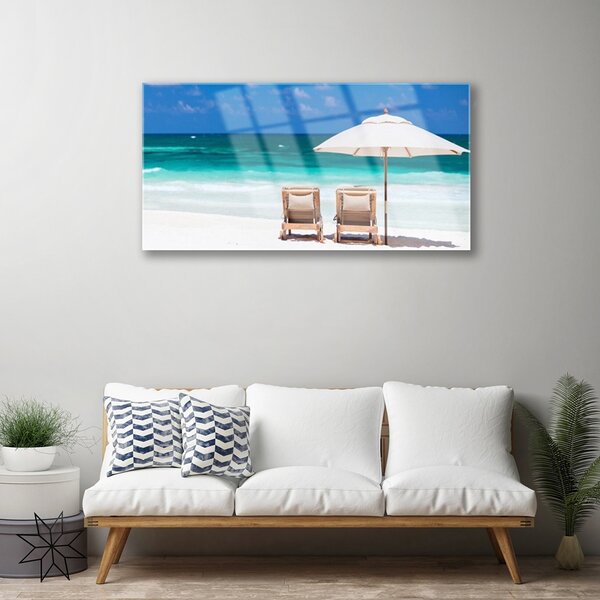 Quadro di vetro Ombrellone da spiaggia paesaggio 100x50 cm 2 appendini