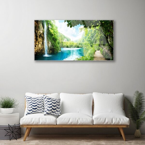 Quadro in vetro Cascata Lago Natura 100x50 cm 2 appendini
