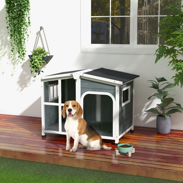 PawHut Cuccia per Cani Taglia Media da Esterno con Tetto Apribile in Legno, 101x66.5x70.5 cm, Grigio