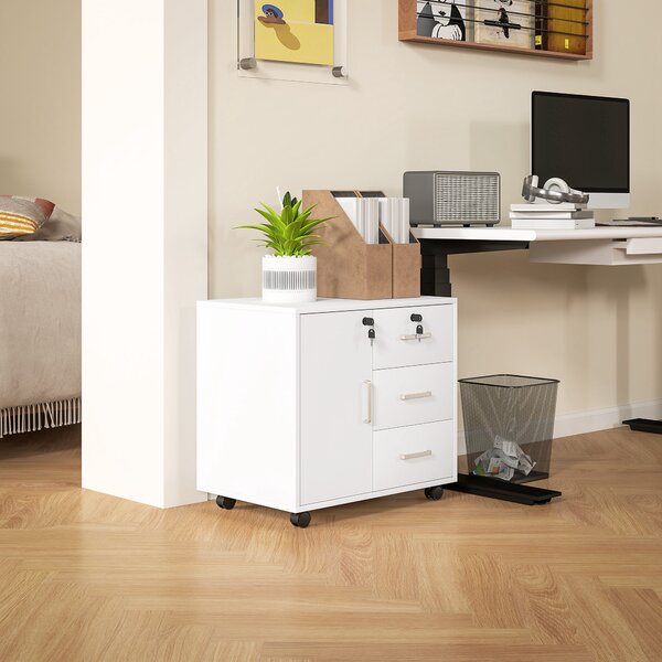 HOMCOM Schedario per Ufficio con 3 Cassetti e Armadietto con 3 Ripiani Regolabili, in Legno, 60x40x56 cm, Bianco