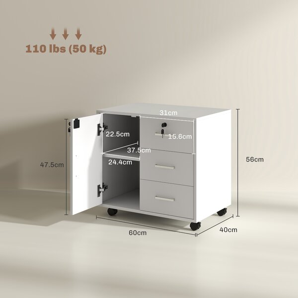 HOMCOM Schedario per Ufficio con 3 Cassetti e Armadietto con 3 Ripiani Regolabili, in Legno, 60x40x56 cm, Bianco