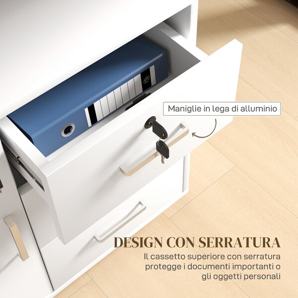 HOMCOM Schedario per Ufficio con 3 Cassetti e Armadietto con 3 Ripiani Regolabili, in Legno, 60x40x56 cm, Bianco
