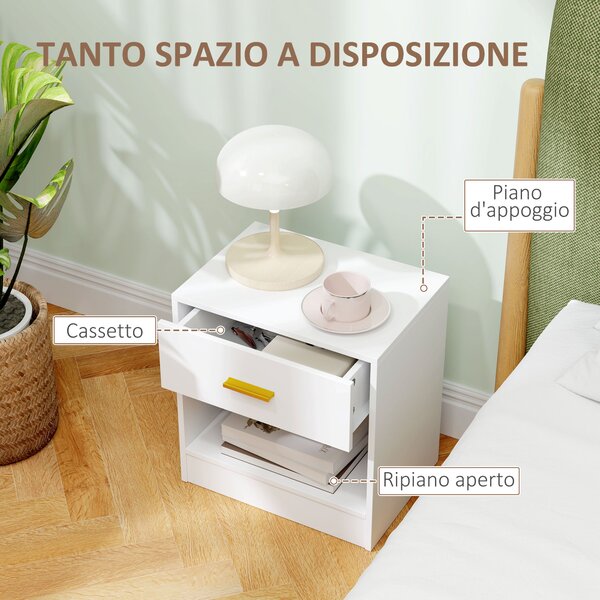 HOMCOM Set 2 Comodini Moderni in Legno con Cassetto e Ripiano Aperto, 39x28x41 cm, Bianco