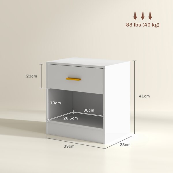 HOMCOM Set 2 Comodini Moderni in Legno con Cassetto e Ripiano Aperto, 39x28x41 cm, Bianco