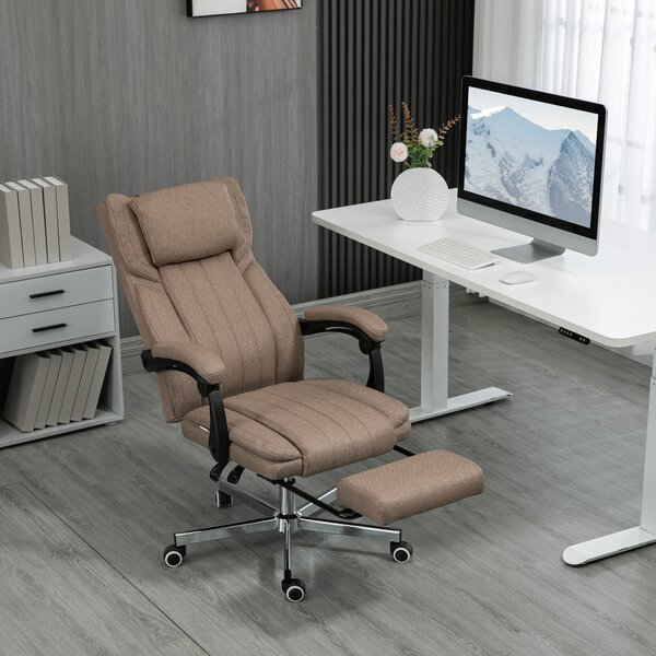 Vinsetto Poltrona da Ufficio Massaggiante con Poggiapiedi e Telecomando, Sedia in Tessuto Effetto Lino, 65x61x105-113 cm, Marrone | Aosom Italy