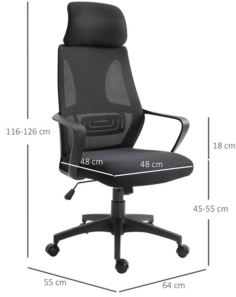 Vinsetto Sedia da Ufficio Reclinabile con Poggiatesta e Supporto Lombare, in Poliestere, 64x55x116-126 cm, Nero