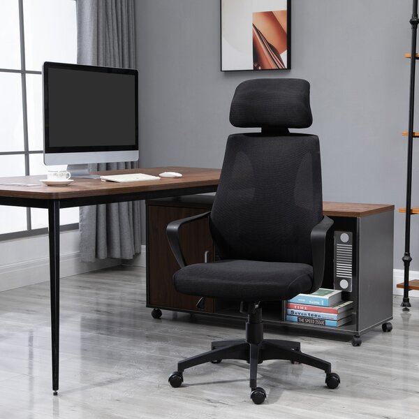Vinsetto Sedia da Ufficio Reclinabile con Poggiatesta e Supporto Lombare, in Poliestere, 64x55x116-126 cm, Nero