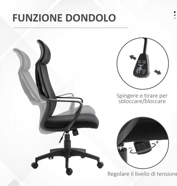 Vinsetto Sedia da Ufficio Reclinabile con Poggiatesta e Supporto Lombare, in Poliestere, 64x55x116-126 cm, Nero