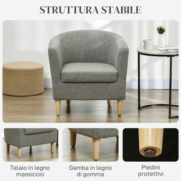 HOMCOM Poltrona a Pozzetto in Tessuto Effetto Lino con Gambe in Legno, per Sala da Pranzo, Cucina, Soggiorno, Reception, Grigio|Aosom