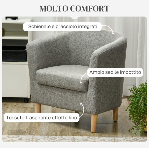 HOMCOM Poltrona a Pozzetto in Tessuto Effetto Lino con Gambe in Legno, per Sala da Pranzo, Cucina, Soggiorno, Reception, Grigio|Aosom