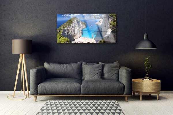Quadro su vetro Paesaggio della spiaggia di Bay Mountain 100x50 cm 2 appendini