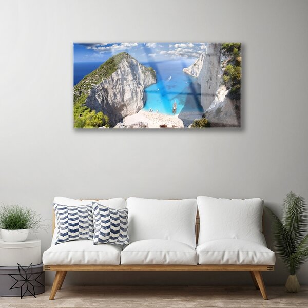 Quadro su vetro Paesaggio della spiaggia di Bay Mountain 100x50 cm 2 appendini