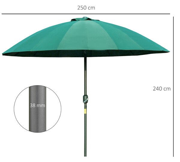 Outsunny Ombrellone da Giardino e Terrazza con Manovella, 18 Stecche e Testa Inclinabile, Ф255x240cm Verde|Aosom