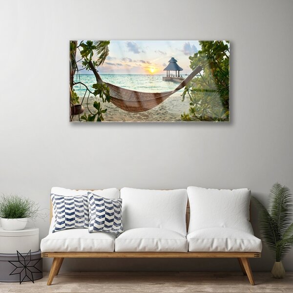 Quadro vetro Spiaggia Amaca Mare Paesaggio 100x50 cm 2 appendini