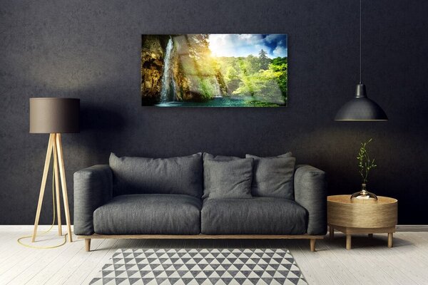 Quadro in vetro Cascata Alberi Paesaggio 100x50 cm 2 appendini