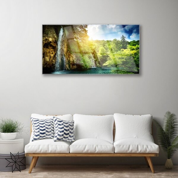 Quadro in vetro Cascata Alberi Paesaggio 100x50 cm 2 appendini