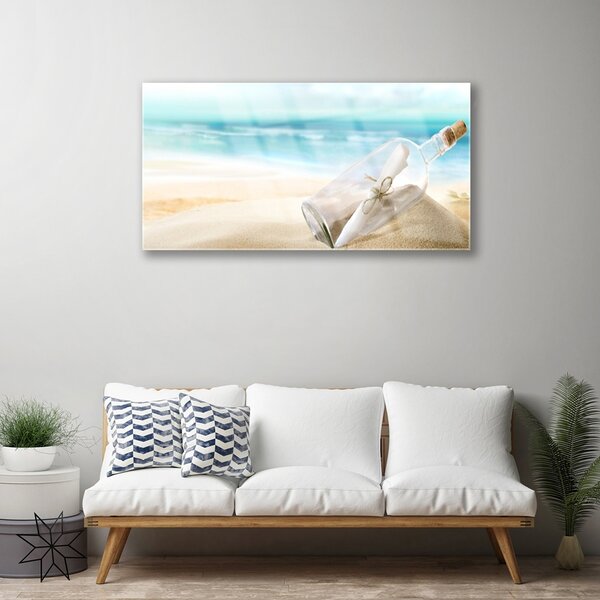 Quadro su vetro Bottiglia da spiaggia Lettera d'arte 100x50 cm 2 appendini